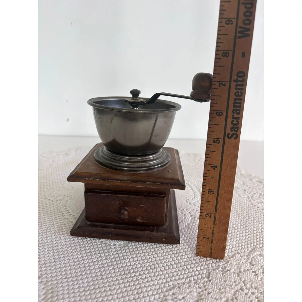 Vintage Manual Coffee Grinder Hand Crank Wood Base Metal Hopper Rustic Decor